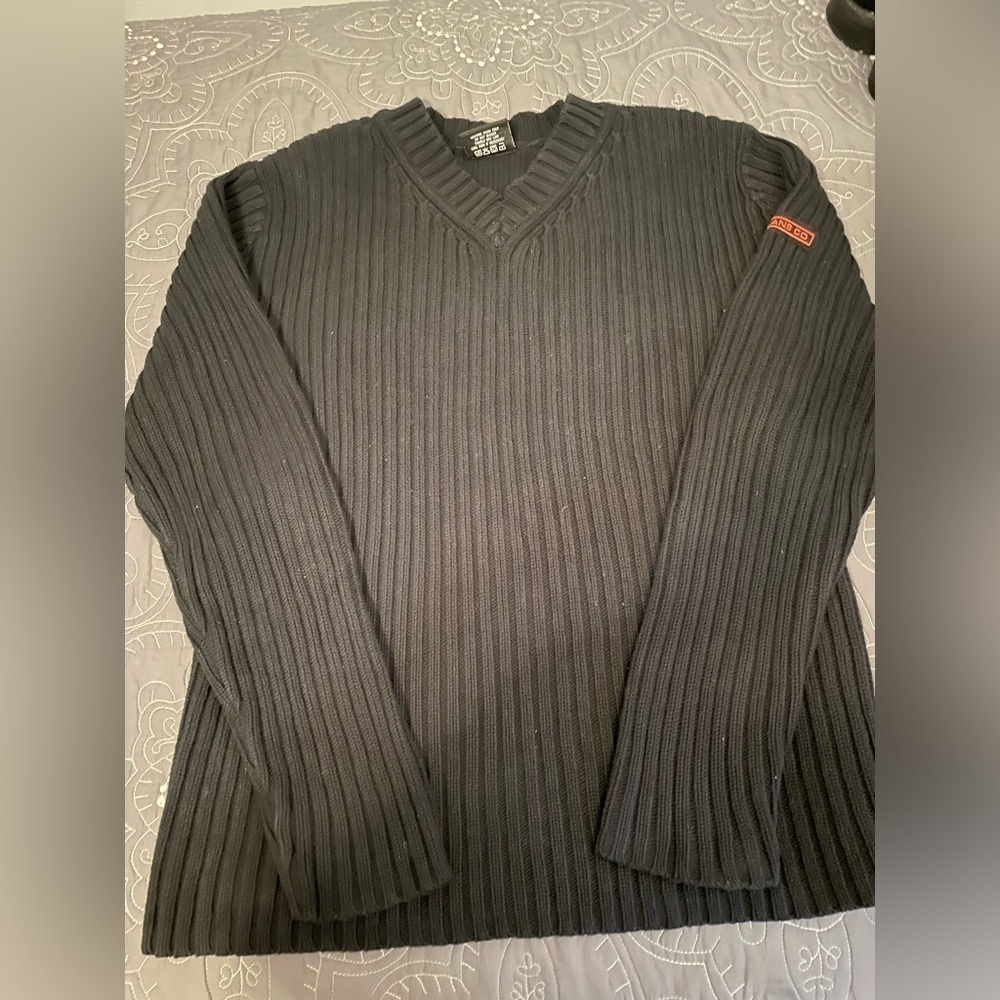 Polo Jeans Black Cotton Thick Rib Knit V Neck Large